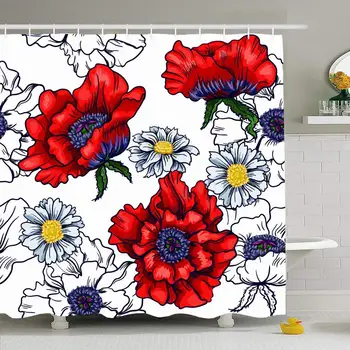 

Shower Curtain Set with Hooks 66x72 Drawn Poppy Vintage Realistic Natural Cornflower Flower Camomile On White Floral Nature