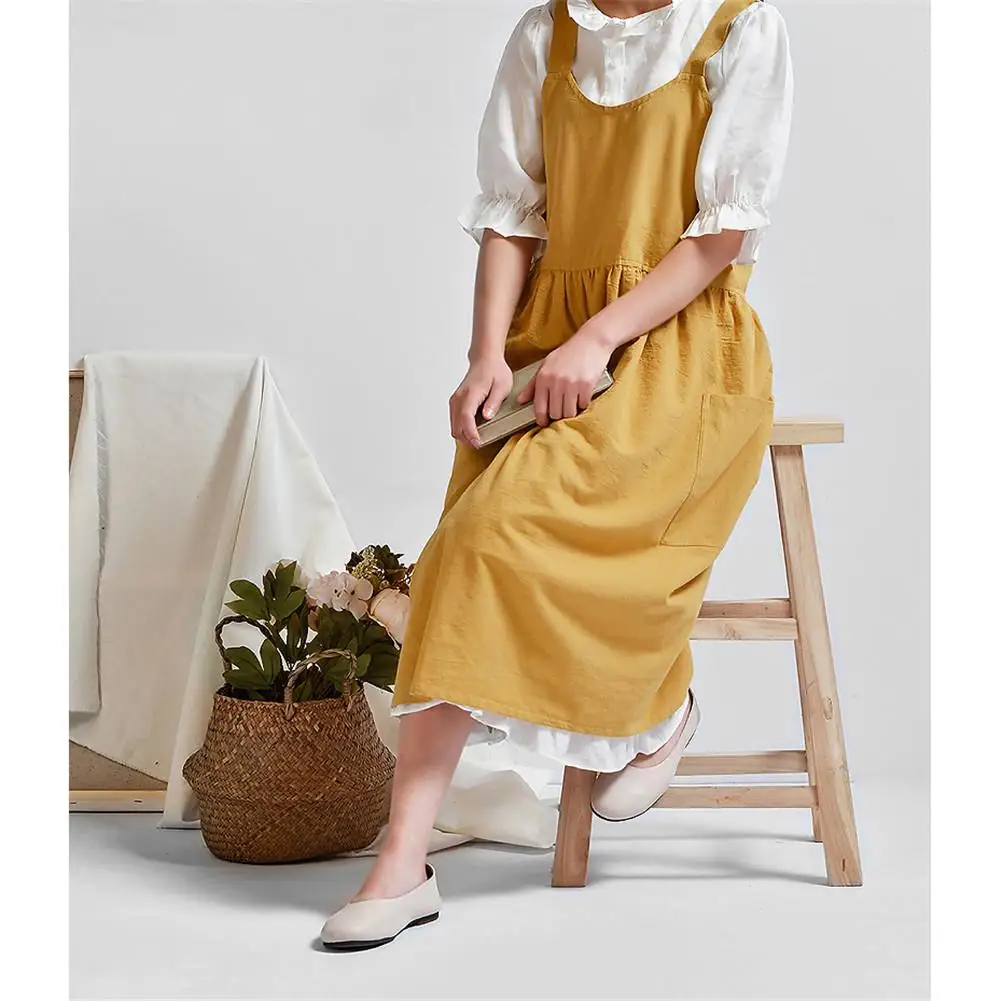 

Fashion Aprons Cotton Linen Kitchen Apron For Cooking Baking Flower Shop Ruffles Work Clean Apron For Woman Uniform Lady Dress