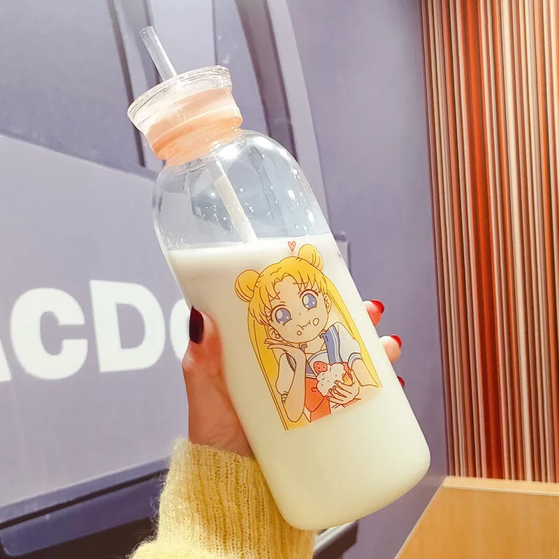 

450/700ml Sailor Moon Silicone Glass Bottle Cute Water Bottle Eco Cup Cute Glass Water Bottle With Straw Bottle