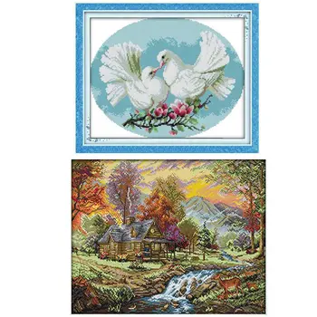 

2 Set DIY Hand Knitting Count Cross Stitch Set Embroidery Set 11CT Pattern Cross Stitch Love Pigeon & Holiday Villa