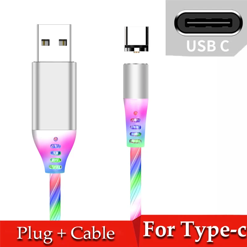 Магнитный кабель type C Магнитный светодиодный светильник Micro usb провод шнур USB C поток светящийся Быстрая зарядка для iPhone 11Pro XR samsung - Цвет: Colorful for Type-c