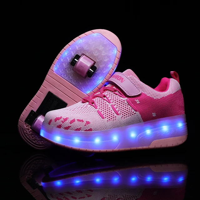 US $13.11 Children Two Wheels Luminous Glowing Sneakers Black Blue Led Light Roller Skate Shoes Kids Led Shoe
