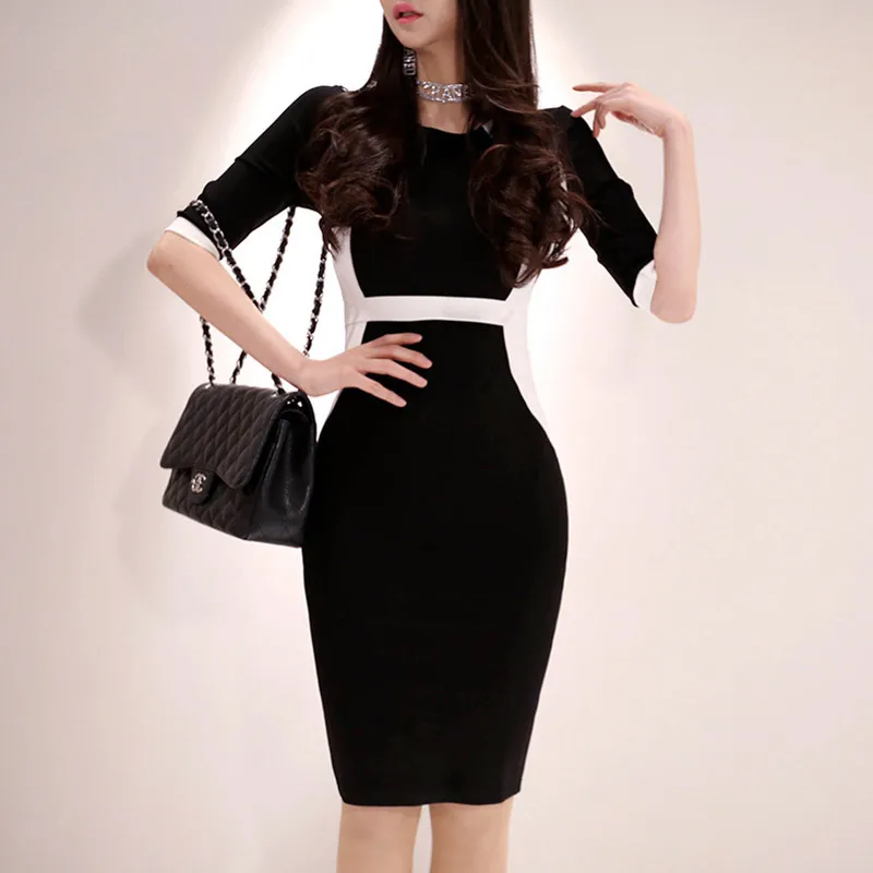 

2019 New Style Women's Dress Black And White Stitching Sheath Dress