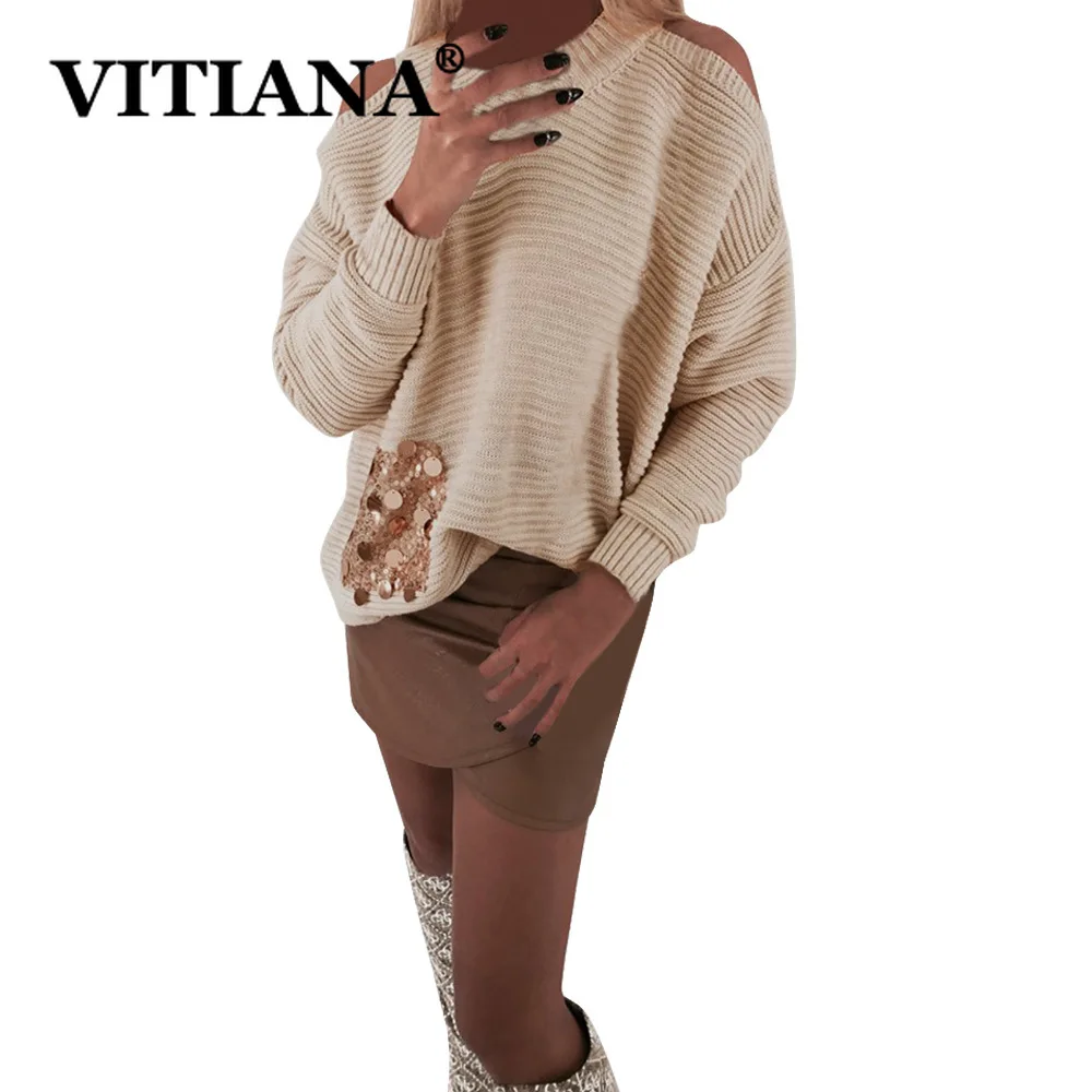 VITIANA, Женская Повседневная футболка, осень, женская сексуальная Лоскутная рубашка с блестками и карманами, длинный рукав, с открытыми плечами, свободная футболка, женские топы