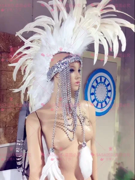 

Show stage headwears Indian headdress Nightclub bar sexy singer DJ dance GOGO white horse feather headdress costumes