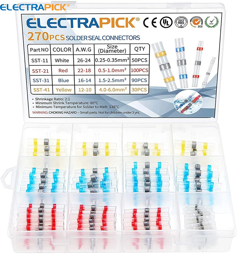 

ELECTRAPICK 270pc Solder Seal Wire Connectors Insulated Heat Shrink Solder Butt Connectors Sleeve for Automotive Marine with Box