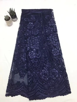 

New Coming Sequins Navy Blue Lace Fabrics Elegant French Lace Embroidered Wedding Party Dress Tulle Mesh Lace Fabrics FJ2818