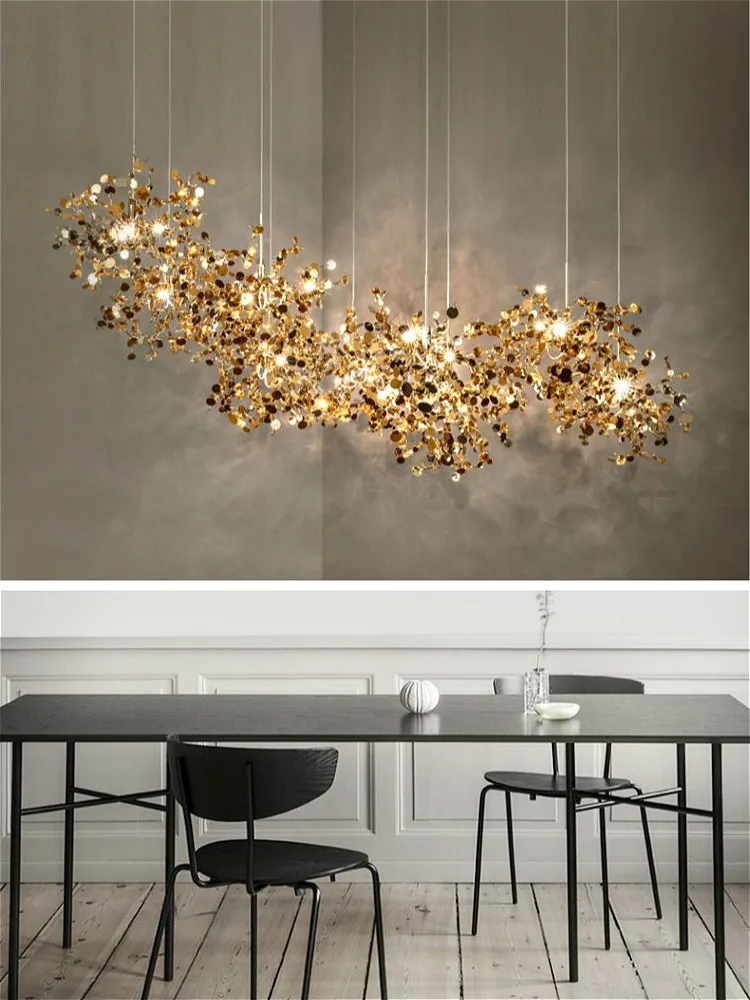 Nordic modern personality stainless steel chrome leaf LED chandelier living room lamp bar table lamp dining room chandelier