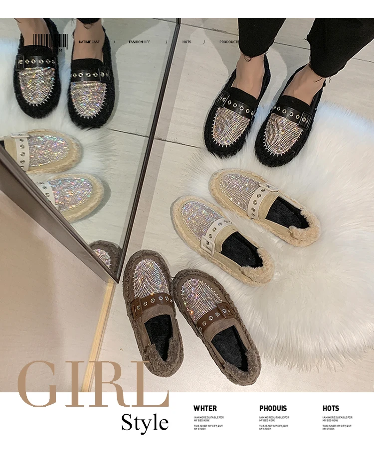 Korean Shoes Women All-Match Casual Female Sneakers Women's Moccasins Round Toe Autumn Loafers Fur Flats Crystal New Fall