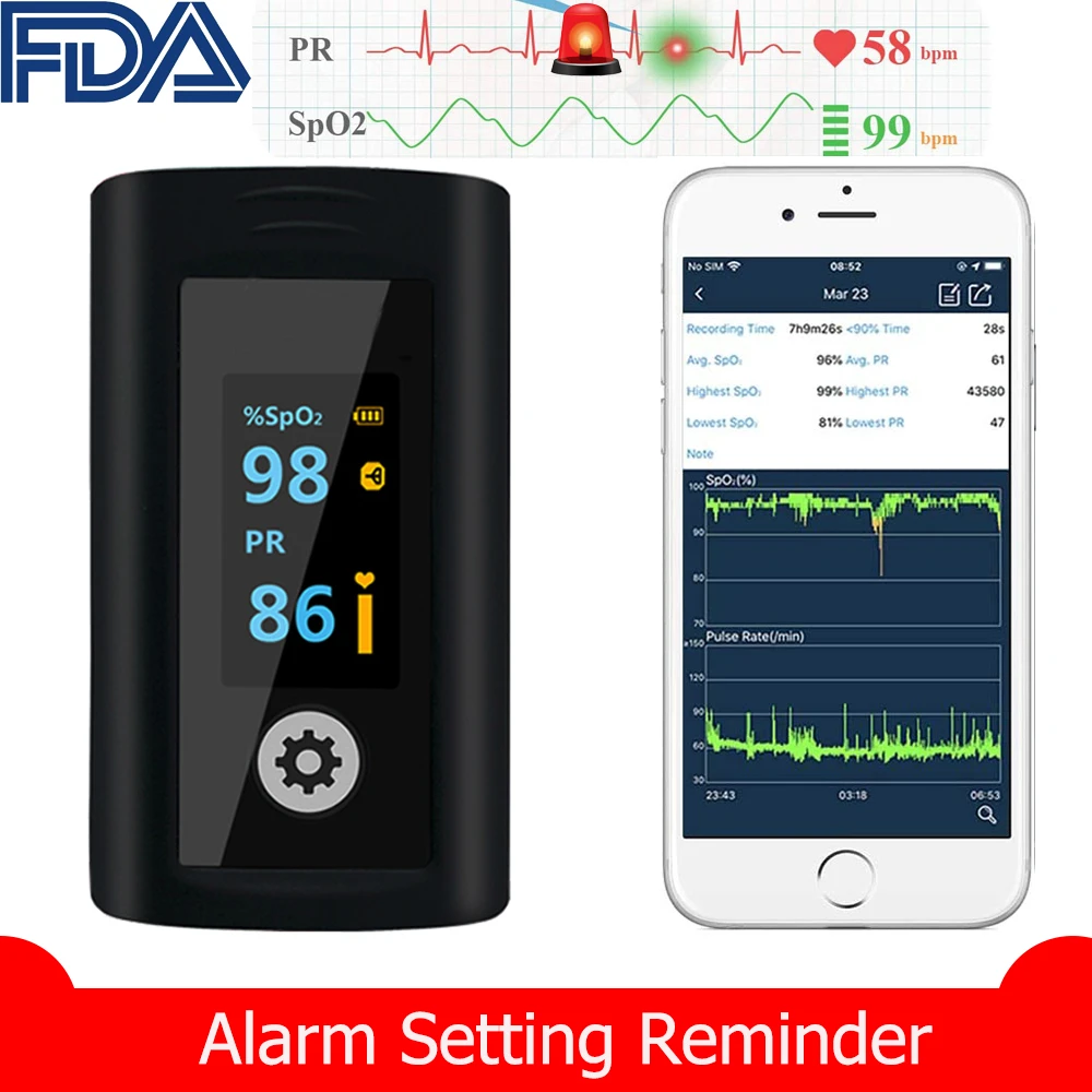 Medical Fingertip Pulse Oximeter Bluetooth Data Alert Blood Oxymetre