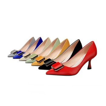 

Fashionable wine cup with shallow mouth sharp head metal belt buckle high-heeled shoes women's single shoes