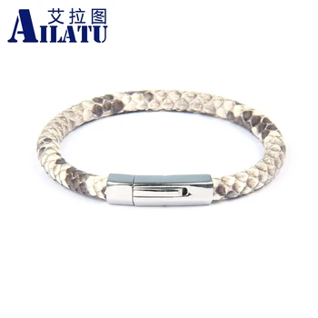 Ailatu New Luxury 6mm Genuine Python Snake Skin Leather Buckle Bracelets Stainless Steel Jewelry