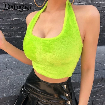 

Darlingaga Backless Neon Green Velour Halter Top Shaggy Soft Fashion Tank Top Women Slim Casual Festival Summer Crop Tops Female