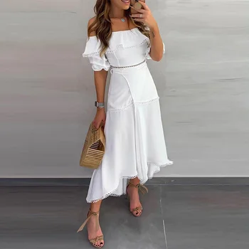 

Ladies Off Shoulder Ruffle Tops & Split Long Skirt Sets Women Solid Casual 2 Piece Set Outfits