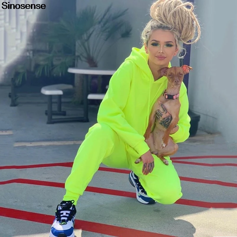 

New Autumn Tracksuit Solid Pink Neon Green Two Piece Set 2019 Long Sleeve Hoodie+Long Pants Sweat Suits Women 2 Piece Outfits