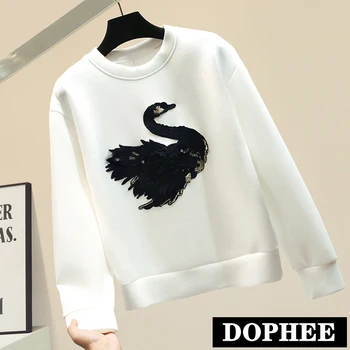 

2020 New Spring Women's Swan Cartoon Embroidered Shirt Pullover Top Student Female Loose Bf Sweatshirt Leisure Hoodies