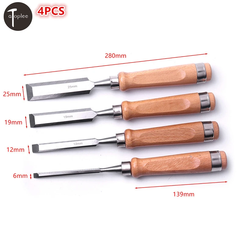 4pcs 6mm 12mm 19mm 25mm Chisel Flat Cutter Head Chrome Vanadium Steel Woodworking Chisels Tool