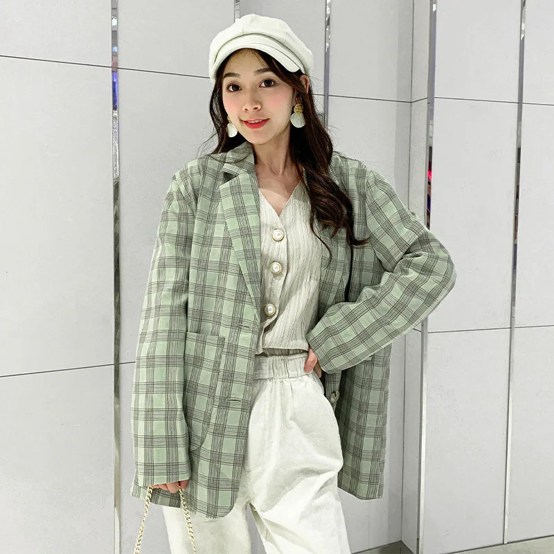 

Casual loose ladies blazer Autumn Korean version of the retro plaid blazer high quality Office fashion office small suit