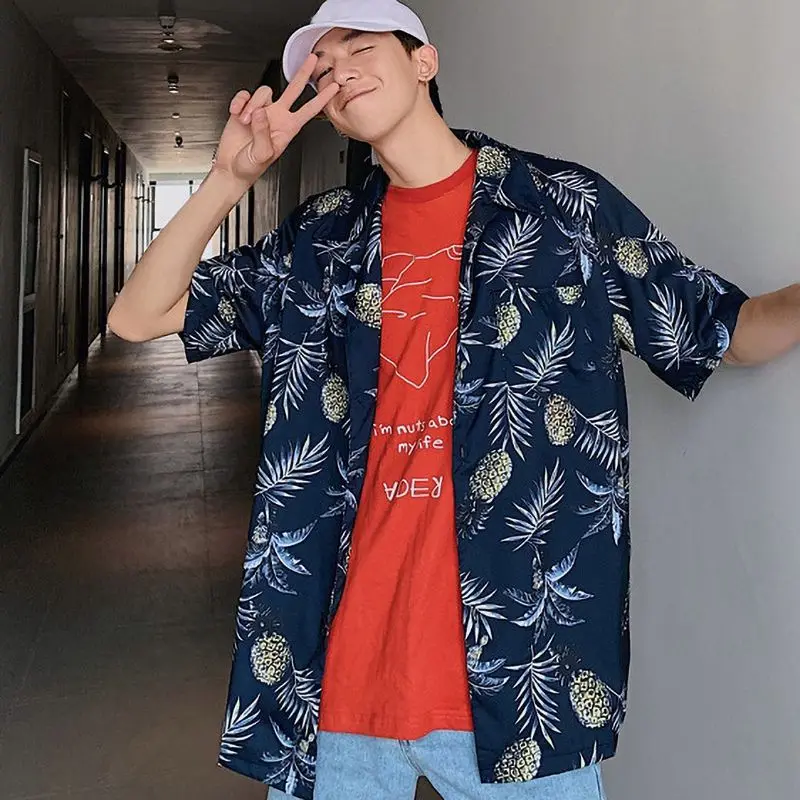 Men Fashion Summer Shirts Leaves Flower Pineapple Print Loose Short Sleeve Shirt Male Hawaiian Style Beach Shirt x