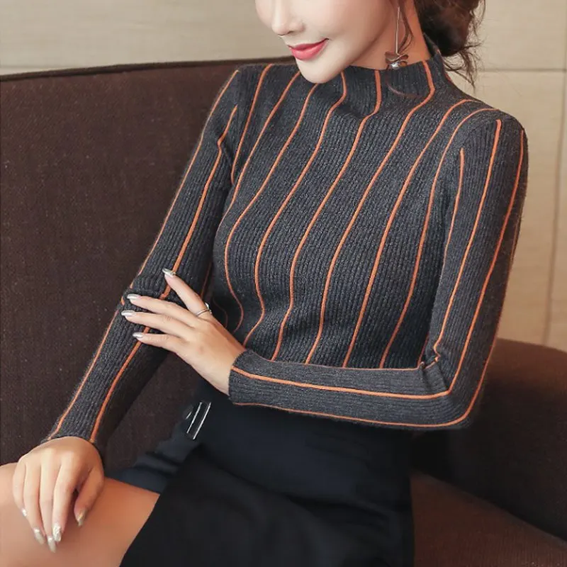 Ceny SEXMKL Striped pulower z golfem kobiet 2019 zima gruby sweter czerwony koreański panie biuro sweter z dzianiny czarny top Pull Femme