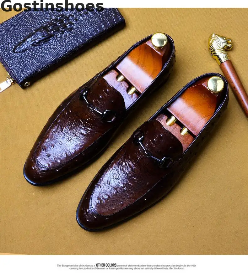 

Italy Style Men Shoes Genuine Leather Black Brown Ostrich Skin Printed Dress Shoes Slip-on Pointed Toe Formal Oxfords Shoes
