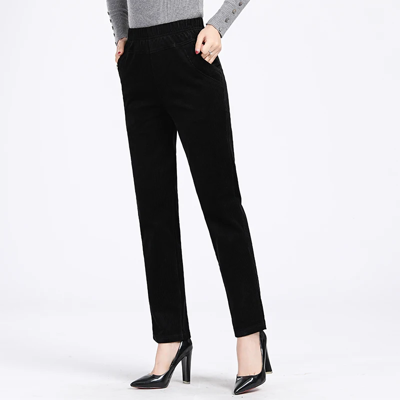 Женские вельветовые штаны, Осенние, цвета хаки, черный, бордовый, чистый цвет, фланелевые прямые брюки, высокая эластичная талия, низ размера плюс