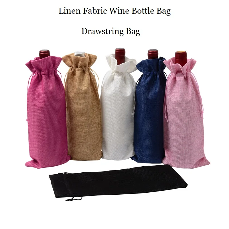 

New Drawstring Bag Fashion Linen Fabric Wine Bottle Bag Simple Design Wine Storage Bag 3pcs For Sale Christmas Bottle Gift Bag