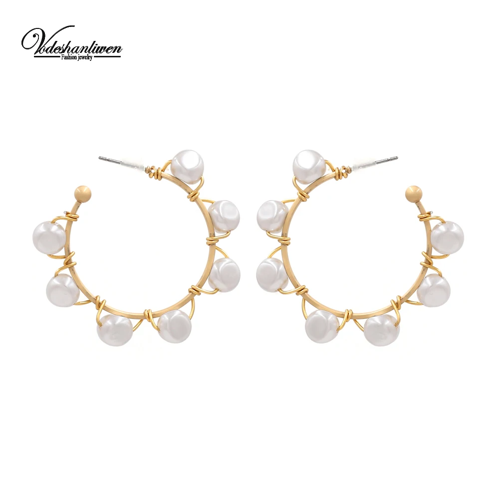 Vodeshanliwen New Hand knitting Reel Pearl Hoop earrings For Women Fashion Big Korean Earrings Statement Accessories