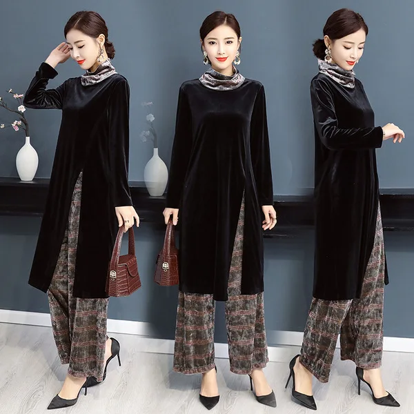 

2019 Spring New Style Fashionable Two-Piece Women's High Collar Slit Tops Wide-Leg Trousers Velvet Fashion Set Hot Selling