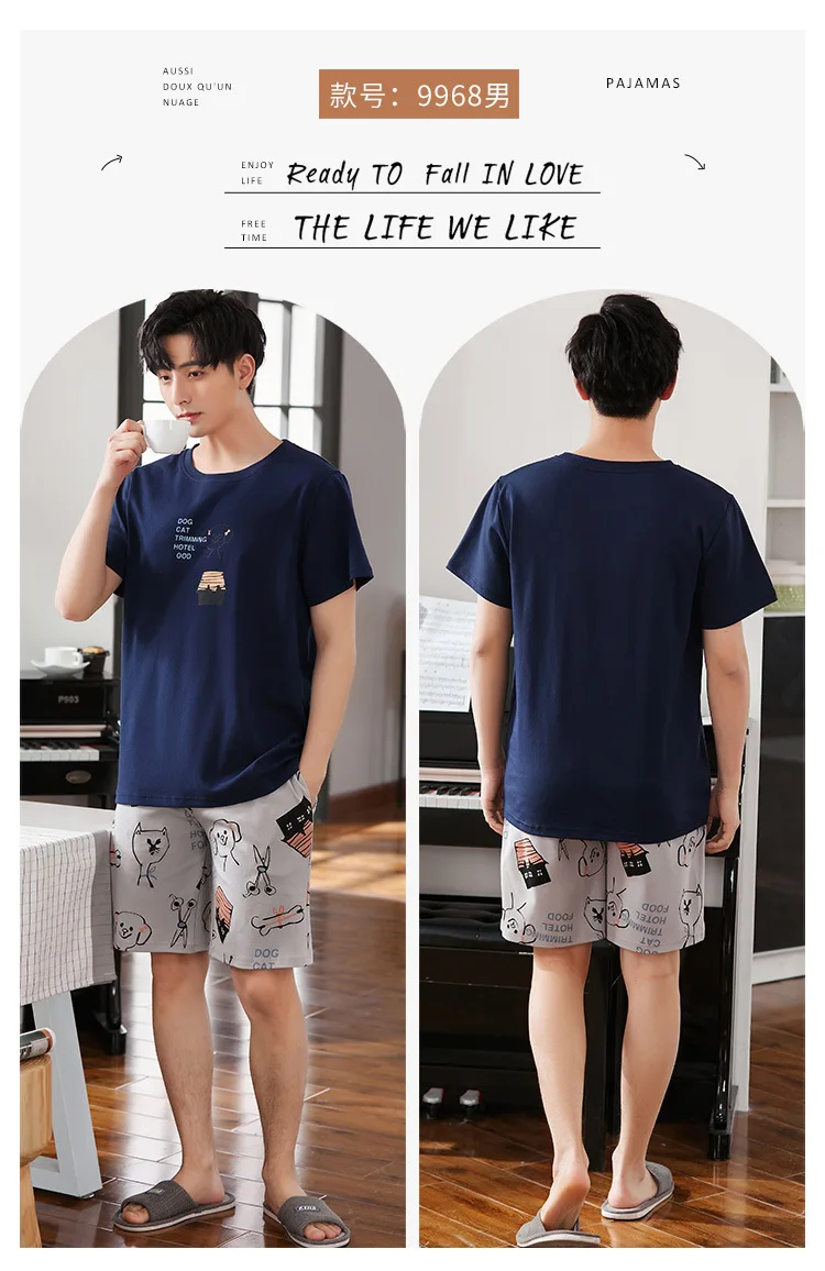 Summer Cotton Pajamas Sets Fashion Blue Short Sleeve Couple Sleepwear Leisure Plus Size Men's Homewear Korean Cute Women Pajamas ladies pyjamas sets