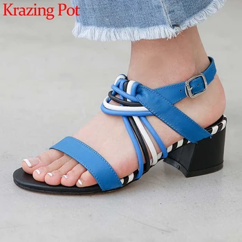 

Krazing pot mixed colors genuine leather peep toe high heels European style beauty lady buckle strap leisure sandals women L98