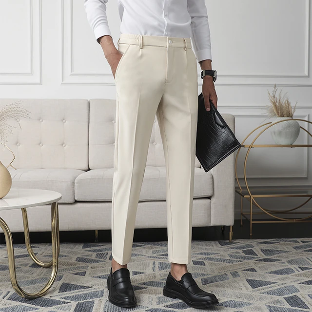 Pantalones de vestir tela sin hierro para hombre, traje informal ajustado, negro, albaricoque, gris oscuro - AliExpress