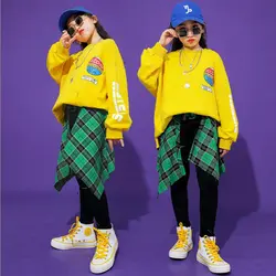Детская стильная одежда в стиле хип-хоп; желтый свитер; топ для бега; повседневные штаны для девочек; костюм для джазовых танцев; одежда