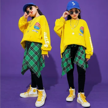 

Children Cool Hip Hop Clothing Yellow Sweatshirt Top Running Casual Pants for Girl Performance Jazz Dance Costume Clothes Wear