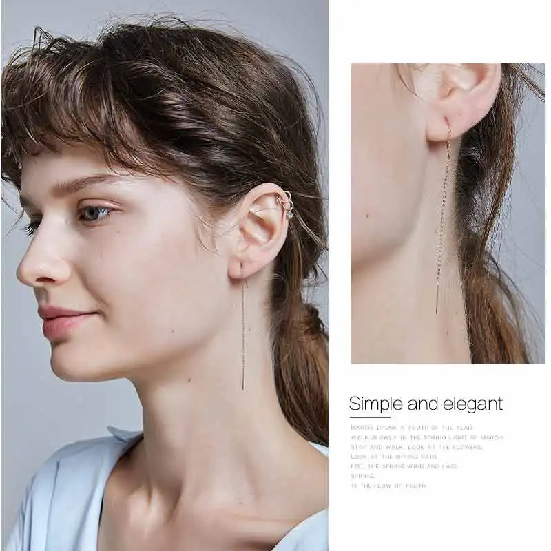 Authentic 18k Gold Chain Earring For Women Simple Style None Stone Rose Gold Color Ear Line Fashion Jewelry