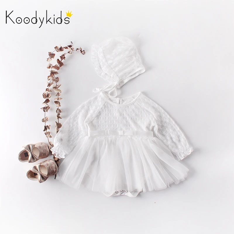 Koodykids/Боди для маленьких девочек; платье с длинными рукавами; весенние комбинезоны со шляпой; белые кружевные платья принцессы для девочек; осенняя одежда