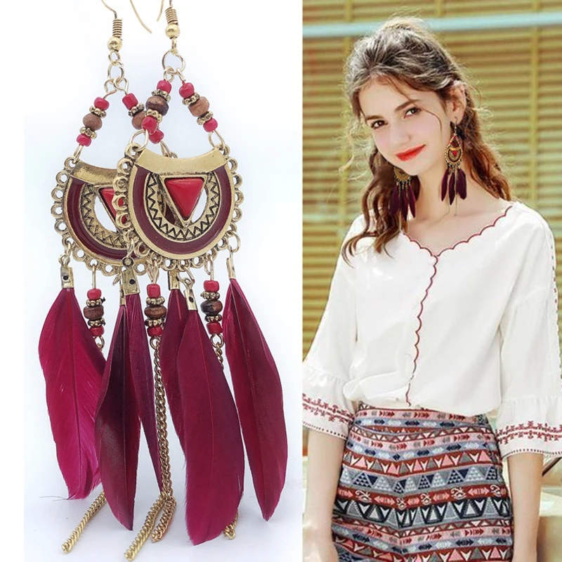 

Fashion Glamour Boho Jewelry Vintage Tassel Feather Earrings Ladies Gift