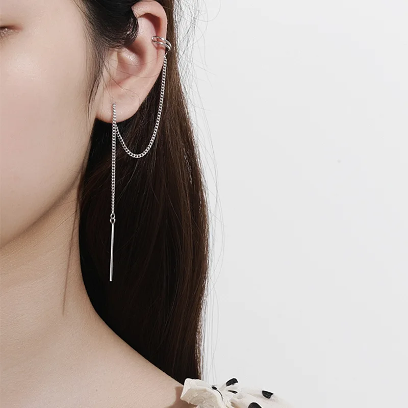 

2pcs Silvology 925 Sterling Silver Long Chain Clip Earrings Two In One Texture Elegant Earrings for Women Fashionable Jewelry
