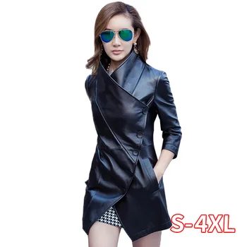 

Woman PU Leather Coat Long Black Faux Leather Jacket Ladies Mid-Length Pu Jacket Female Long Sleeve Plus Size Button Bike Bomber