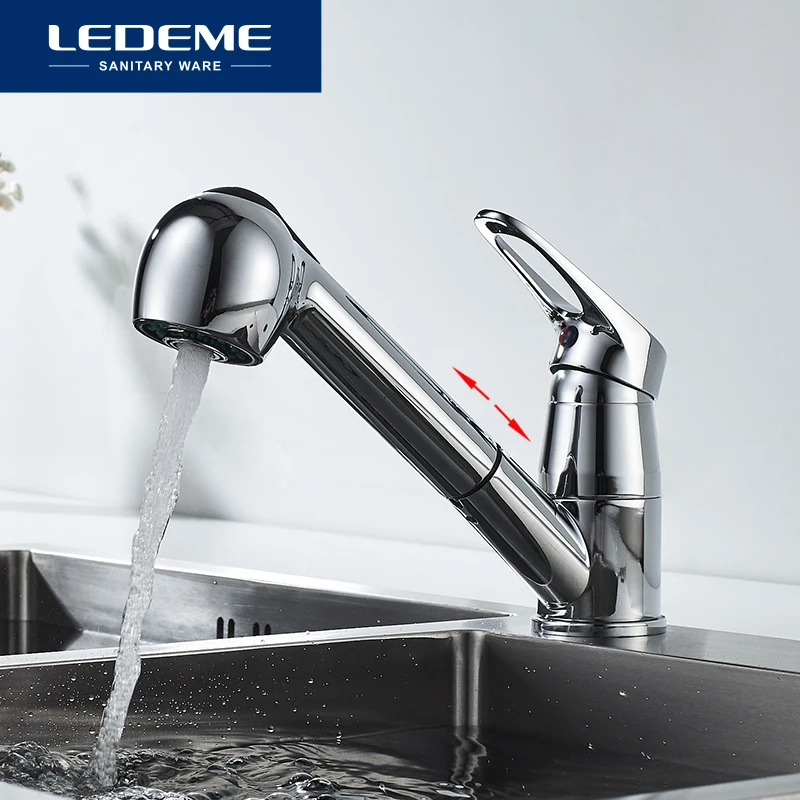 

LEDEME Kitchen Faucet Pull Out 360 Degrees Spray Mixer Tap Crane Polished Chrome Water Saving Kitchen Faucets Taps L6013