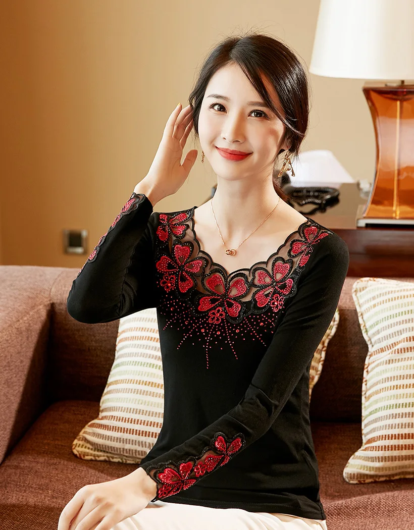Blusas mujer de moda, Осенние сетчатые топы с длинными рукавами и вышивкой, модная Повседневная Блузка с бриллиантами, рубашка, большие размеры