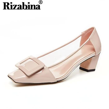 

RIZABINA Spring New Pumps Shoes Women Fashion Square Toe Button Shoes Ladies' Thick Heels Genuine Leather Footwear Size 33-42