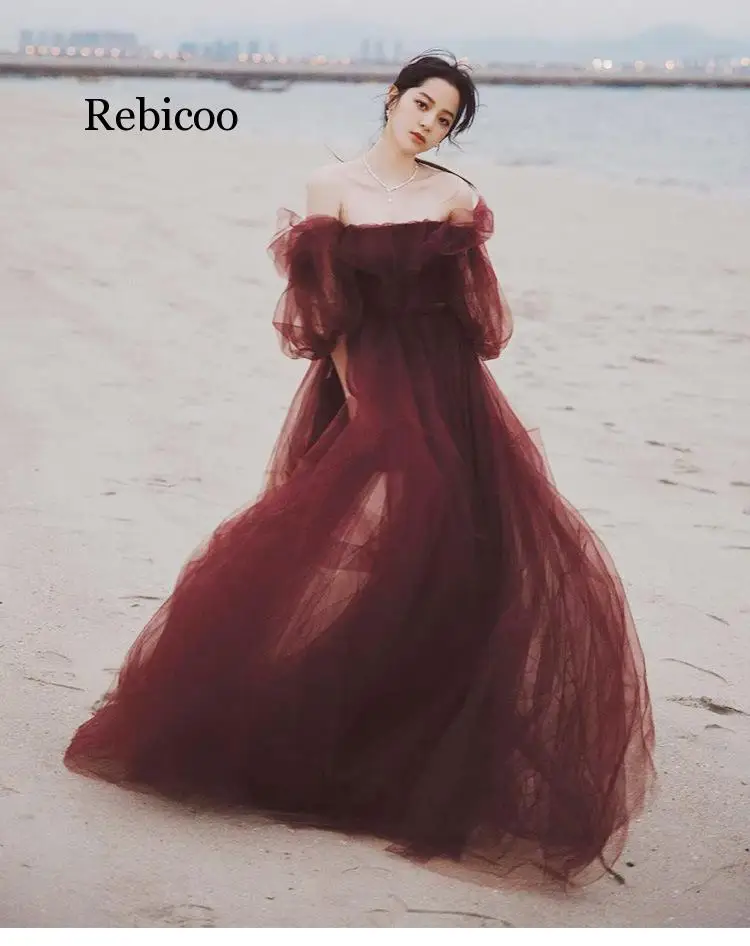 

Sexy Long Party Dress Runway Fashion Women Wine Red Slash Neck Short Sleeve Velvet Patchwork Voile Ball Gown Maxi Dress