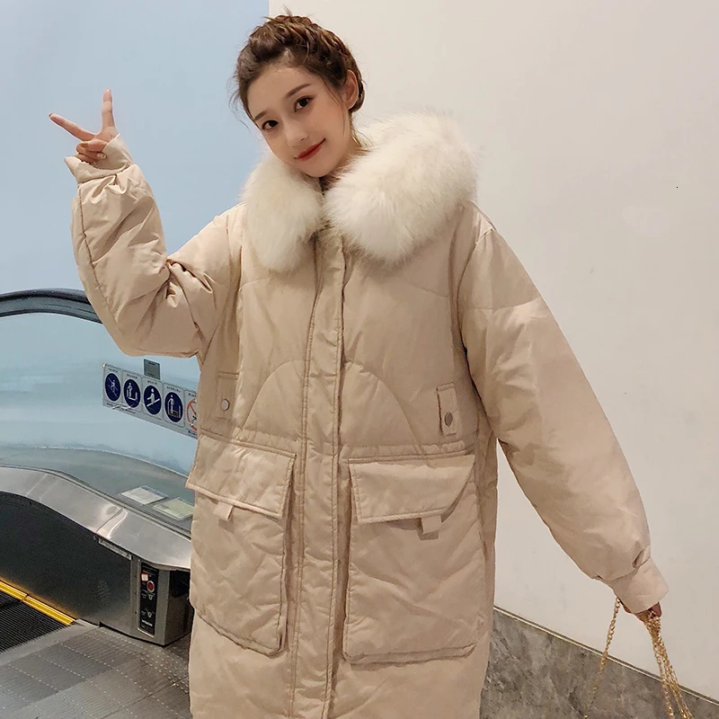 Loose Winter Women Down Jackets Fur Long Coat Women Puffer Female Warm Autumn Feather Jacket For Girl Parka Coats Duck Outerwear - Color: creamy-white