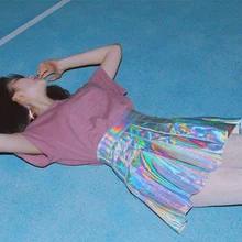 Японская новая плиссированная юбка Harajuku Серебряная блестящая флуоресцентная юбка Лазерная Женская юбка из искусственной кожи с высокой талией уличная юбка Harajuku