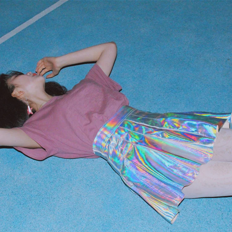 

Japanese New Harajuku Pleated Skirt Silver Shiny Fluorescent Laser Skirt Female High Waist PU Skirt Harajuku Streetwear Skirts