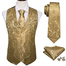 4PC Mens Extra Silk Vest Party Wedding Gold Paisley Solid Floral Waistcoat Vest Pocket Square Tie Suit Set Barry.Wang BM-2017