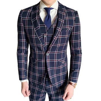 

Men's Plaid Temperament Slim Suit Three Piece Set British Style High Quality Gentleman Party Dress Blazer Vest Pants Trousers