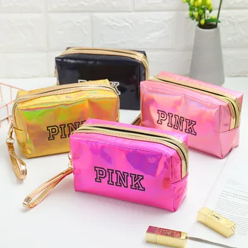

Women Fashion Cosmetic Bag Pink Laser Makeup Bag Zipper Make Up Handbag Organizer Storage Case Pouches Toiletry Wash Beauty Box