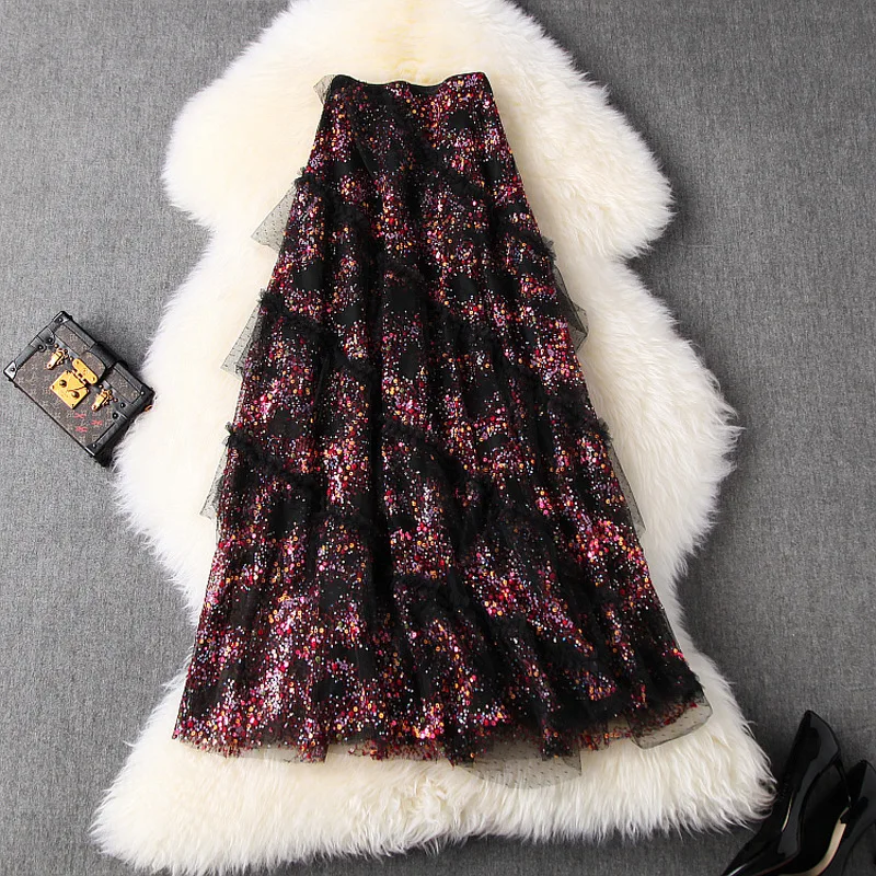 

Women sequined skirt new 2020 spring summer ruffles luxury designer black mesh skirts party long skirts